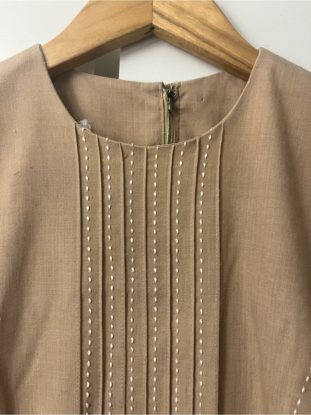 Beige Pleated Embroidered Front Dress